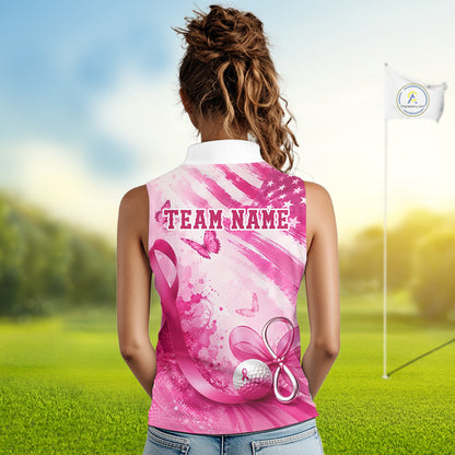 Personalized Women Sleeveless Golf Shirt Breast Cancer Awareness Pink Ribbon, Butterfly Custom Name Team NHT1494