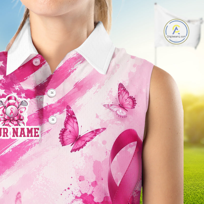 Personalized Women Sleeveless Golf Shirt Breast Cancer Awareness Pink Ribbon, Butterfly Custom Name Team NHT1494