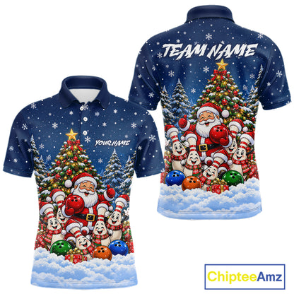 Bowling Pins Santa Christmas Polo Shirt Custom 1/4 Zipper Navy Snow Sports Team Jersey For Men NHT1831