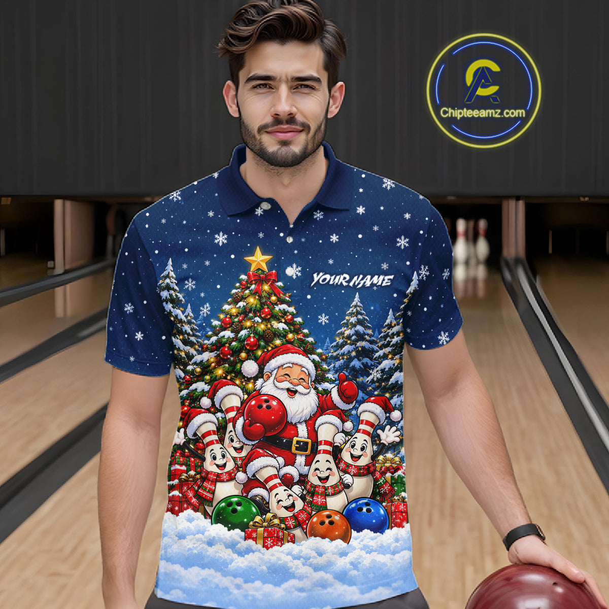 Bowling Pins Santa Christmas Polo Shirt Custom 1/4 Zipper Navy Snow Sports Team Jersey For Men NHT1831
