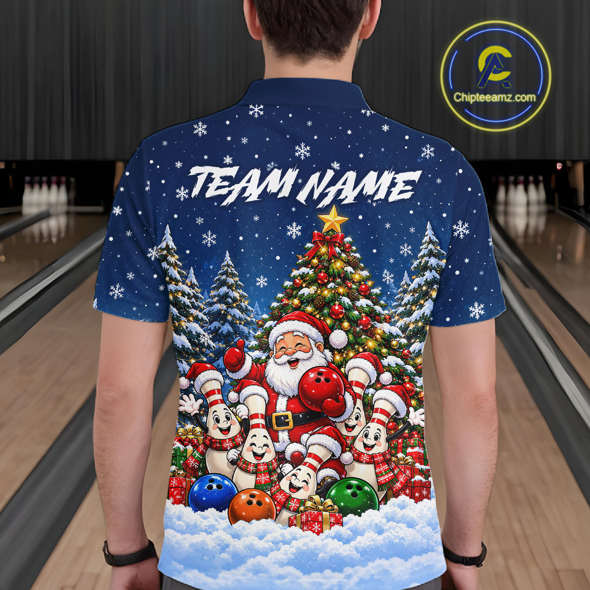 Bowling Pins Santa Christmas Polo Shirt Custom 1/4 Zipper Navy Snow Sports Team Jersey For Men NHT1831