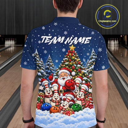 Bowling Pins Santa Christmas Polo Shirt Custom 1/4 Zipper Navy Snow Sports Team Jersey For Men NHT1831
