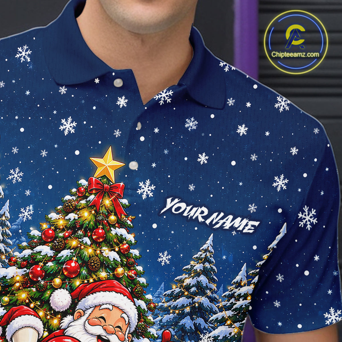 Bowling Pins Santa Christmas Polo Shirt Custom 1/4 Zipper Navy Snow Sports Team Jersey For Men NHT1831