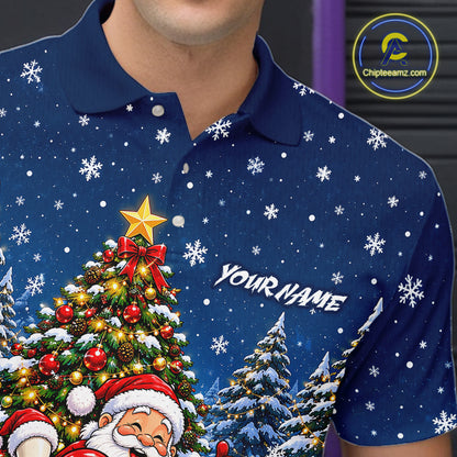 Bowling Pins Santa Christmas Polo Shirt Custom 1/4 Zipper Navy Snow Sports Team Jersey For Men NHT1831