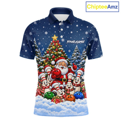 Bowling Pins Santa Christmas Polo Shirt Custom 1/4 Zipper Navy Snow Sports Team Jersey For Men NHT1831