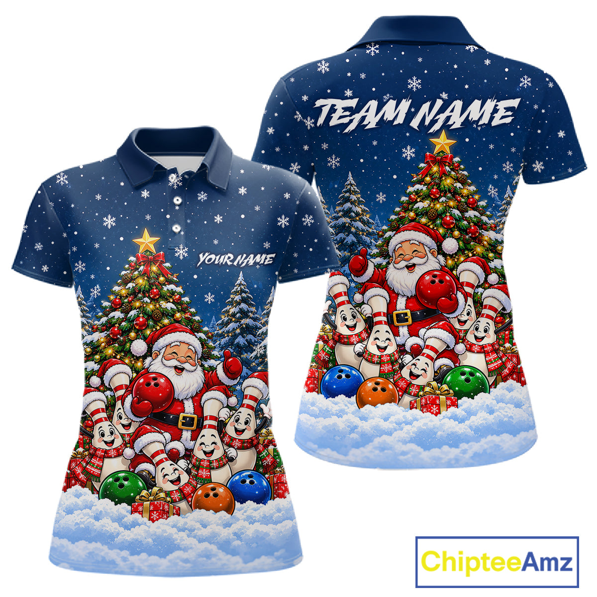 Bowling Pins Santa Christmas Polo Shirt Custom 1/4 Zipper Navy Snow Sports Team Jersey For Women NHT1831