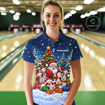 Bowling Pins Santa Christmas Polo Shirt Custom 1/4 Zipper Navy Snow Sports Team Jersey For Women NHT1831