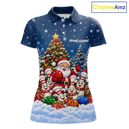 Bowling Pins Santa Christmas Polo Shirt Custom 1/4 Zipper Navy Snow Sports Team Jersey For Women NHT1831