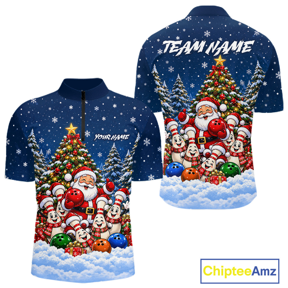 Bowling Pins Santa Christmas Polo Shirt Custom 1/4 Zipper Navy Snow Sports Team Jersey For Men NHT1831