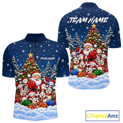 Bowling Pins Santa Christmas Polo Shirt Custom 1/4 Zipper Navy Snow Sports Team Jersey For Men NHT1831