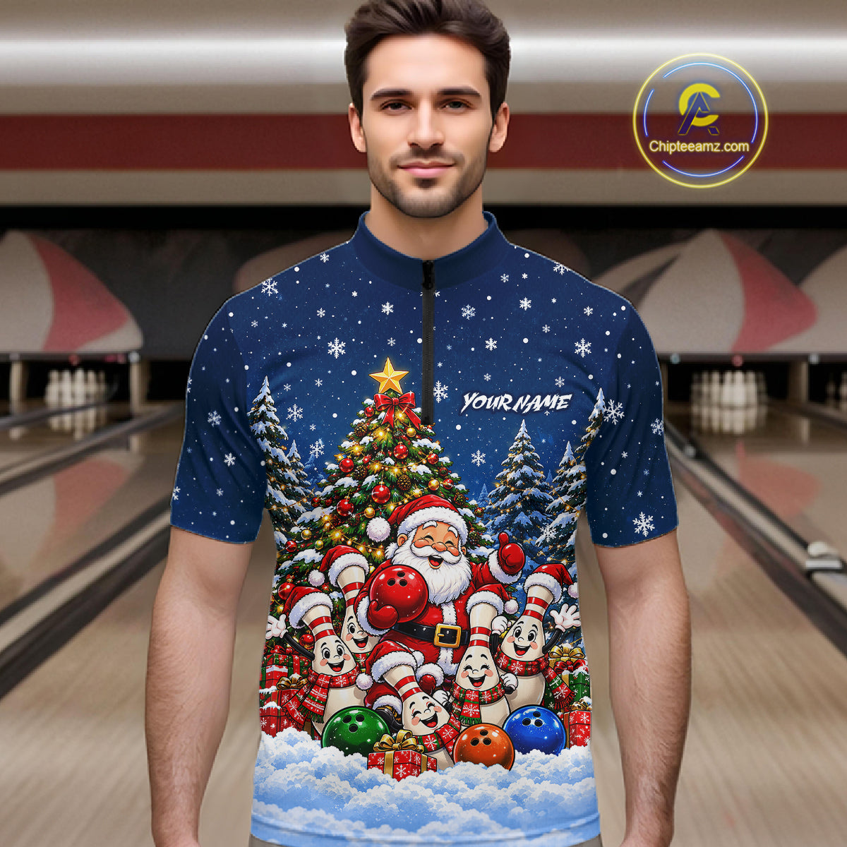 Bowling Pins Santa Christmas Polo Shirt Custom 1/4 Zipper Navy Snow Sports Team Jersey For Men NHT1831