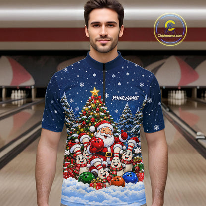 Bowling Pins Santa Christmas Polo Shirt Custom 1/4 Zipper Navy Snow Sports Team Jersey For Men NHT1831