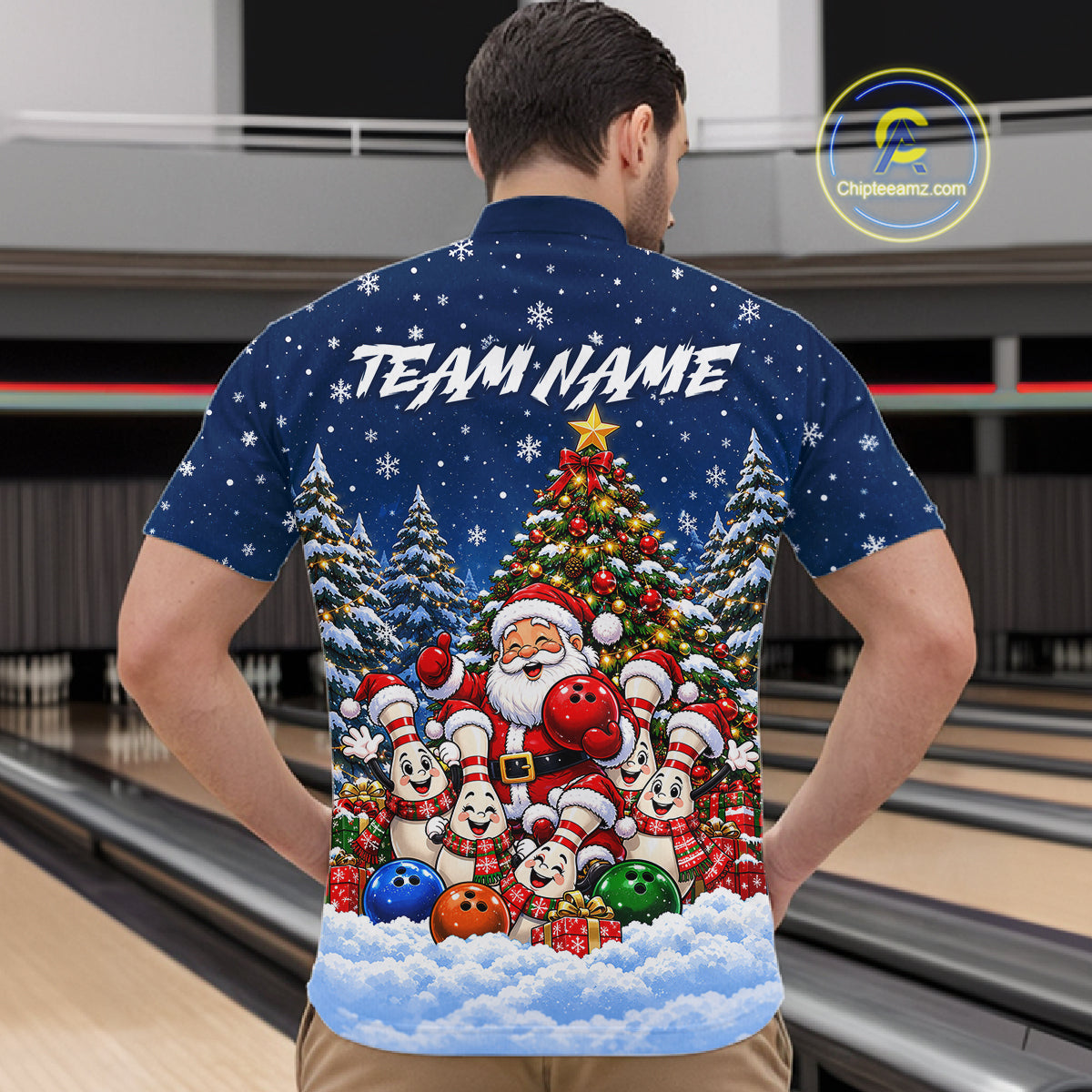 Bowling Pins Santa Christmas Polo Shirt Custom 1/4 Zipper Navy Snow Sports Team Jersey For Men NHT1831