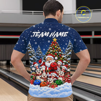 Bowling Pins Santa Christmas Polo Shirt Custom 1/4 Zipper Navy Snow Sports Team Jersey For Men NHT1831