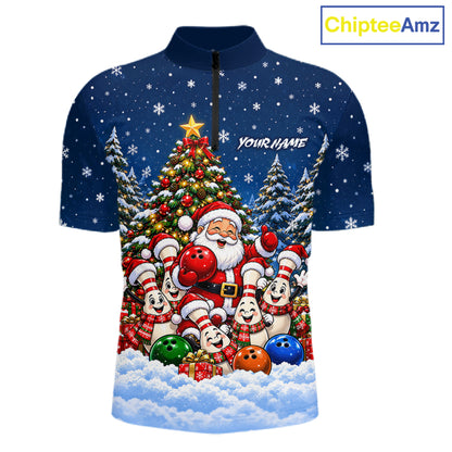 Bowling Pins Santa Christmas Polo Shirt Custom 1/4 Zipper Navy Snow Sports Team Jersey For Men NHT1831