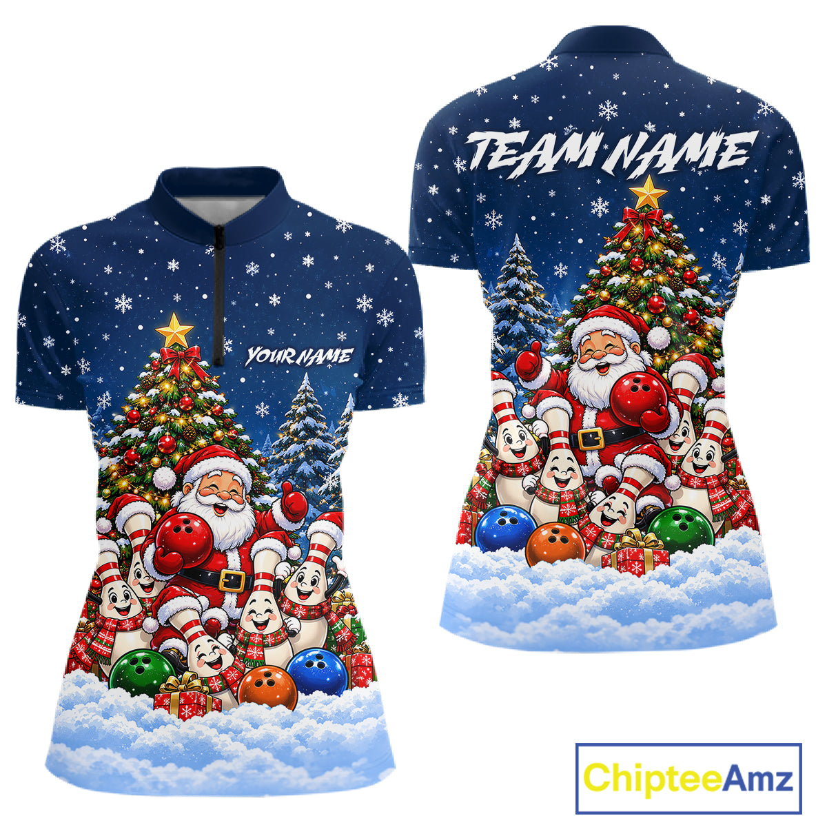 Bowling Pins Santa Christmas Polo Shirt Custom 1/4 Zipper Navy Snow Sports Team Jersey For Women NHT1831