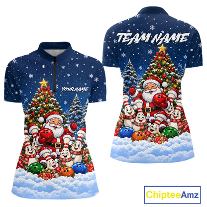 Bowling Pins Santa Christmas Polo Shirt Custom 1/4 Zipper Navy Snow Sports Team Jersey For Women NHT1831