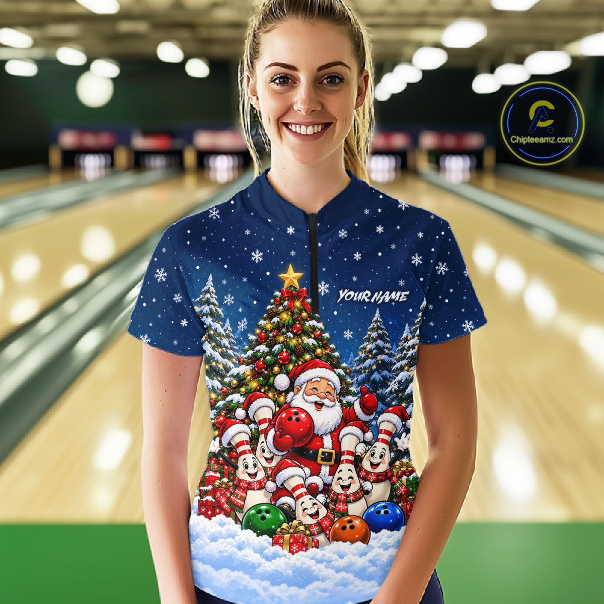 Bowling Pins Santa Christmas Polo Shirt Custom 1/4 Zipper Navy Snow Sports Team Jersey For Women NHT1831