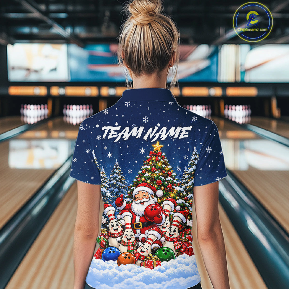 Bowling Pins Santa Christmas Polo Shirt Custom 1/4 Zipper Navy Snow Sports Team Jersey For Women NHT1831