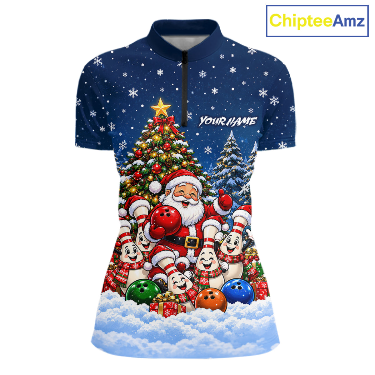Bowling Pins Santa Christmas Polo Shirt Custom 1/4 Zipper Navy Snow Sports Team Jersey For Women NHT1831