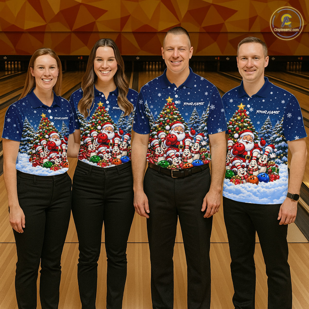 Bowling Pins Santa Christmas Polo Shirt Custom 1/4 Zipper Navy Snow Sports Team Jersey For Men NHT1831