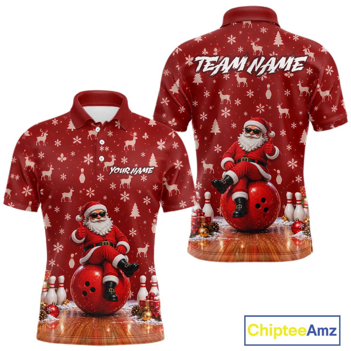 Christmas Santa Men Bowling Polo Shirt Custom Quarter Zip Red Reindeer Pins League Team Apparel NHT1835