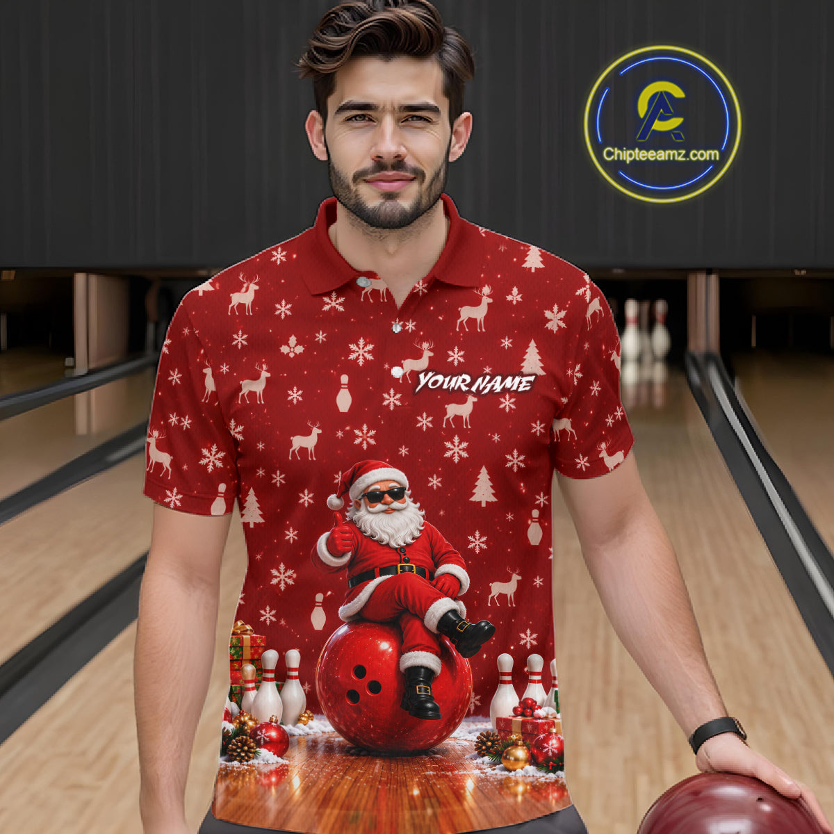 Christmas Santa Men Bowling Polo Shirt Custom Quarter Zip Red Reindeer Pins League Team Apparel NHT1835