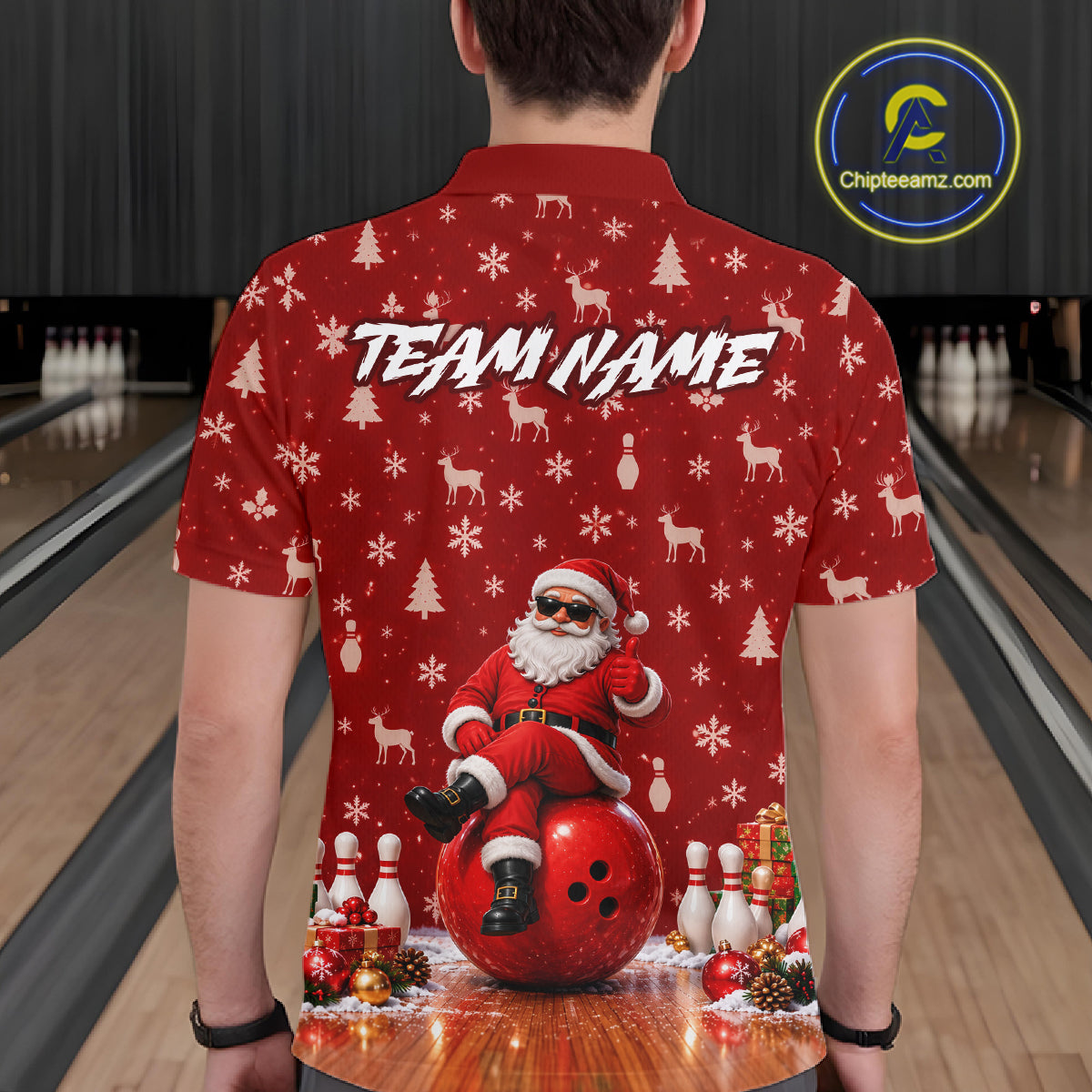 Christmas Santa Men Bowling Polo Shirt Custom Quarter Zip Red Reindeer Pins League Team Apparel NHT1835