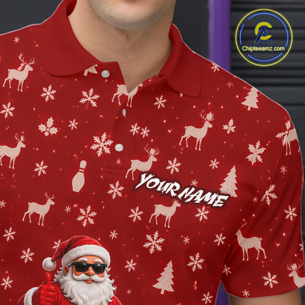 Christmas Santa Men Bowling Polo Shirt Custom Quarter Zip Red Reindeer Pins League Team Apparel NHT1835