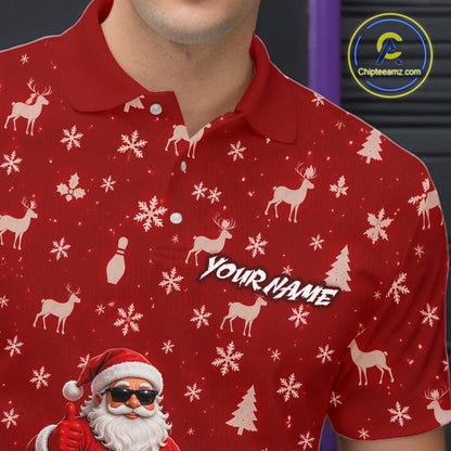 Christmas Santa Men Bowling Polo Shirt Custom Quarter Zip Red Reindeer Pins League Team Apparel NHT1835