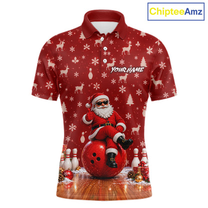 Christmas Santa Men Bowling Polo Shirt Custom Quarter Zip Red Reindeer Pins League Team Apparel NHT1835