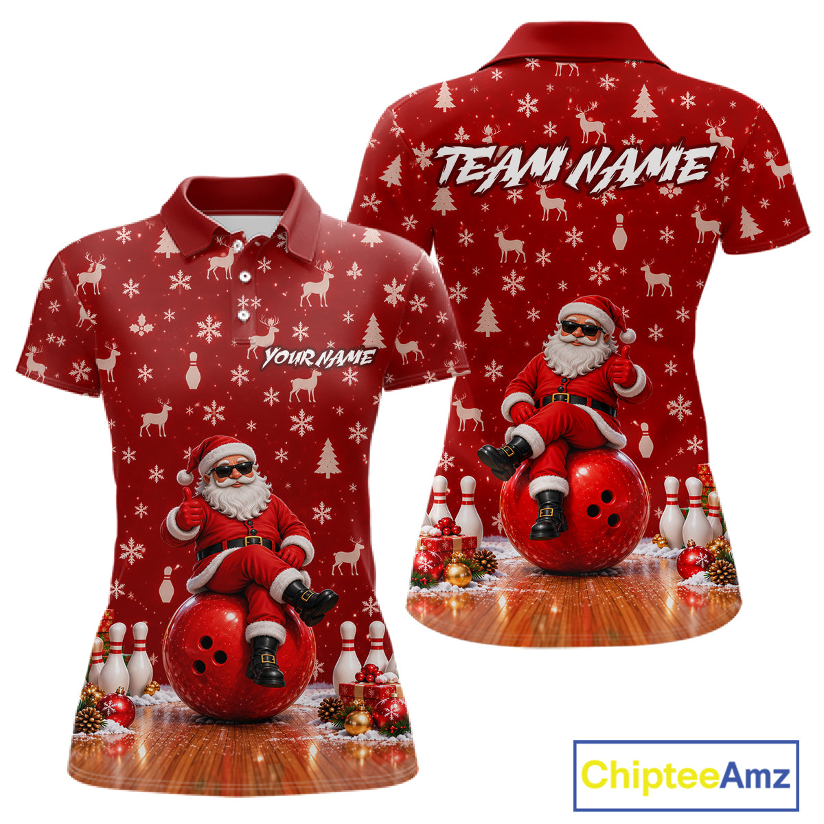 Christmas Santa Women Bowling Polo Shirt Custom Quarter Zip Red Reindeer Pins League Team Apparel NHT1835