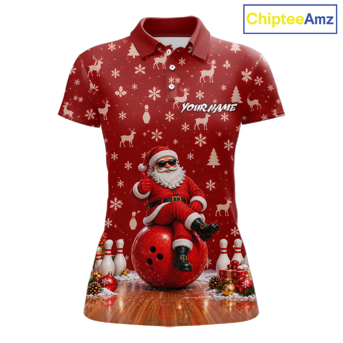 Christmas Santa Women Bowling Polo Shirt Custom Quarter Zip Red Reindeer Pins League Team Apparel NHT1835