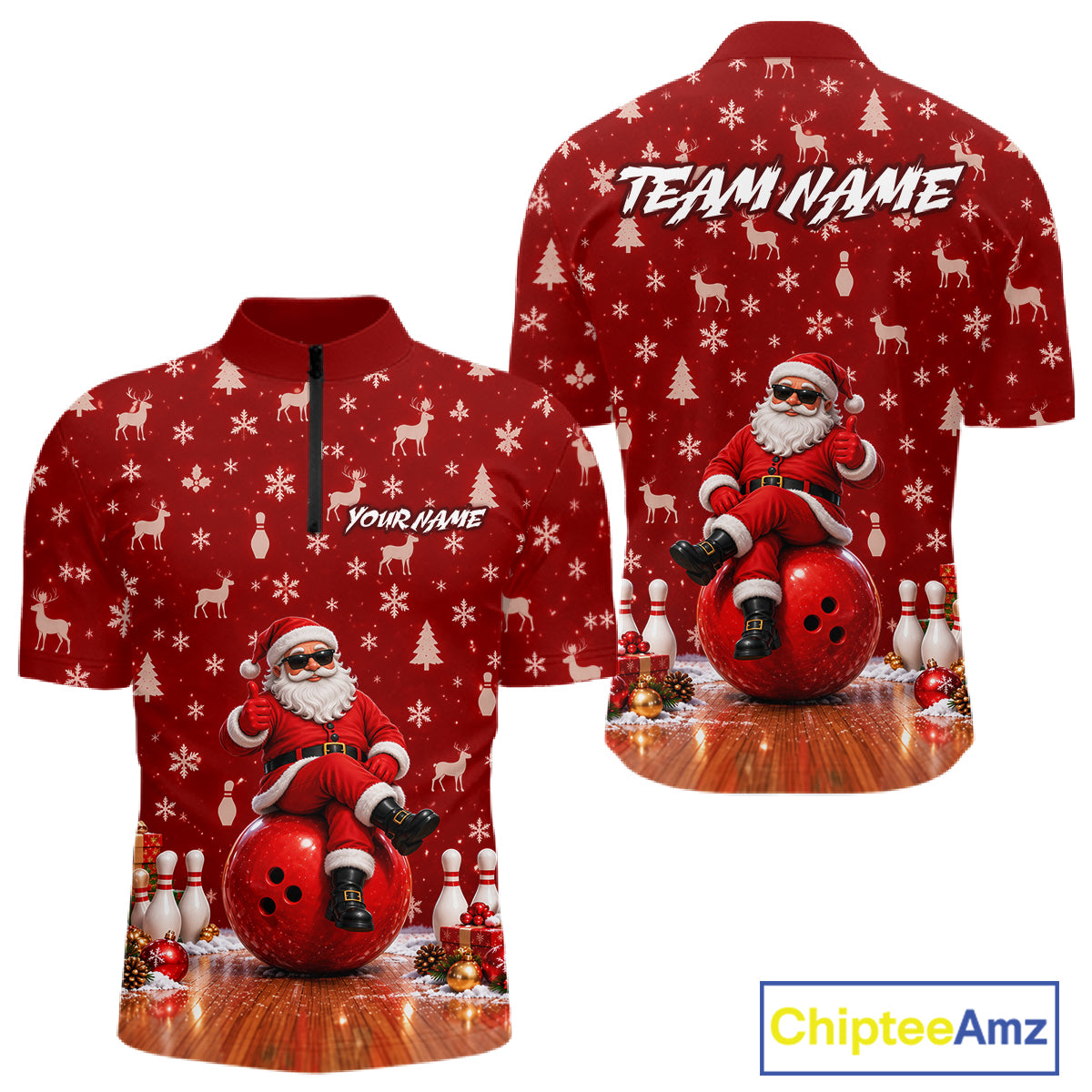 Christmas Santa Men Bowling Polo Shirt Custom Quarter Zip Red Reindeer Pins League Team Apparel NHT1835