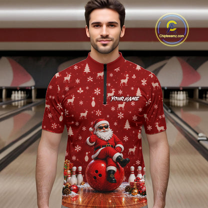 Christmas Santa Men Bowling Polo Shirt Custom Quarter Zip Red Reindeer Pins League Team Apparel NHT1835