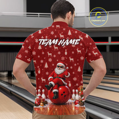 Christmas Santa Men Bowling Polo Shirt Custom Quarter Zip Red Reindeer Pins League Team Apparel NHT1835