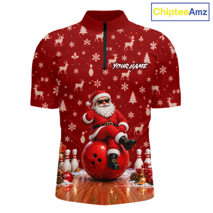 Christmas Santa Men Bowling Polo Shirt Custom Quarter Zip Red Reindeer Pins League Team Apparel NHT1835