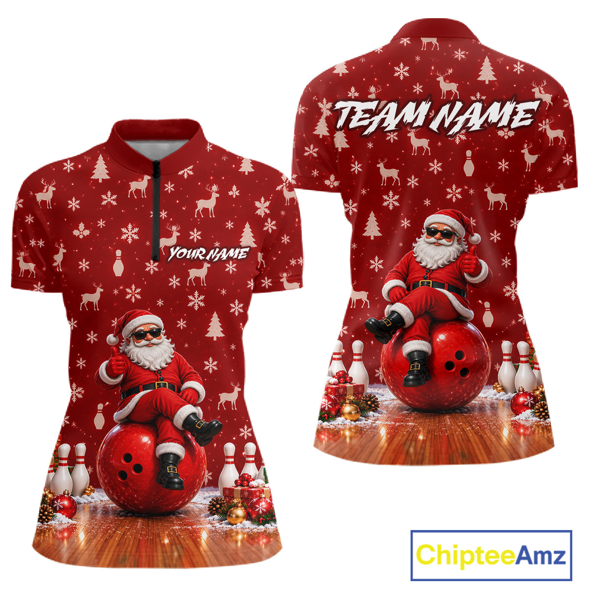 Christmas Santa Women Bowling Polo Shirt Custom Quarter Zip Red Reindeer Pins League Team Apparel NHT1835