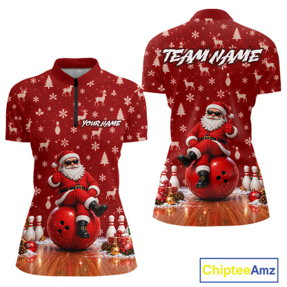 Christmas Santa Women Bowling Polo Shirt Custom Quarter Zip Red Reindeer Pins League Team Apparel NHT1835