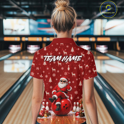 Christmas Santa Women Bowling Polo Shirt Custom Quarter Zip Red Reindeer Pins League Team Apparel NHT1835