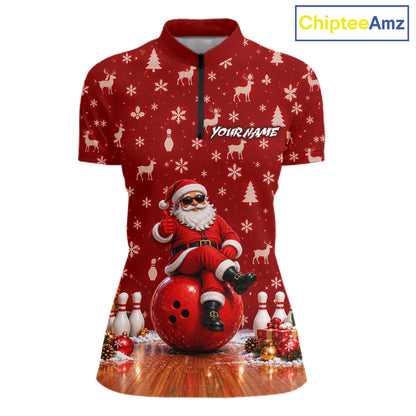 Christmas Santa Women Bowling Polo Shirt Custom Quarter Zip Red Reindeer Pins League Team Apparel NHT1835