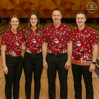 Christmas Santa Men Bowling Polo Shirt Custom Quarter Zip Red Reindeer Pins League Team Apparel NHT1835