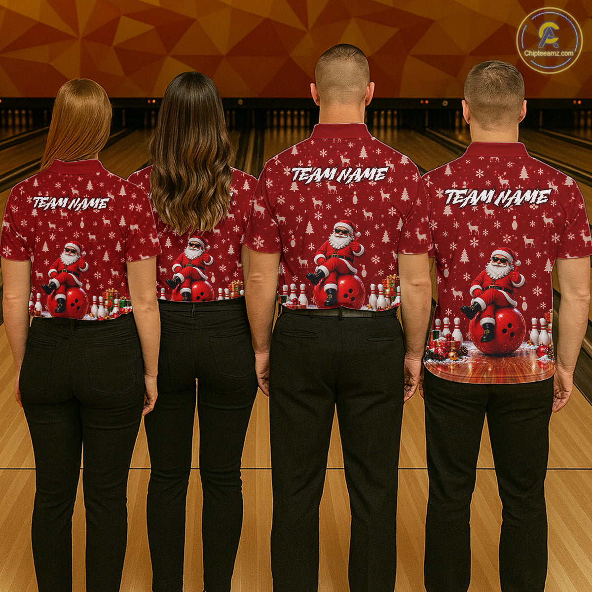 Christmas Santa Women Bowling Polo Shirt Custom Quarter Zip Red Reindeer Pins League Team Apparel NHT1835