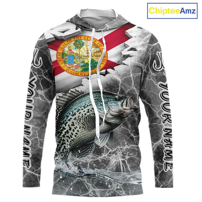 Florida Crappie Camo Gray Custom Long Sleeve Hooded Performance Fishing Shirts, Florida Flag Fishing Jerseys NHT658
