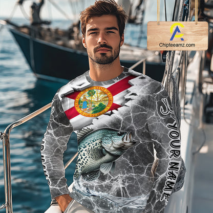 Florida Crappie Camo Gray Custom Long Sleeve Performance Fishing Shirts, Florida Flag Fishing Jerseys NHT658