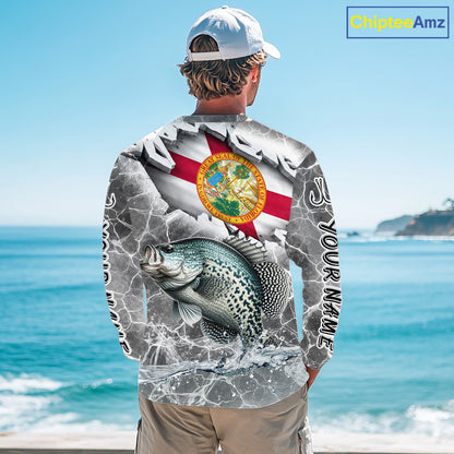 Florida Crappie Camo Gray Custom Long Sleeve Performance Fishing Shirts, Florida Flag Fishing Jerseys NHT658