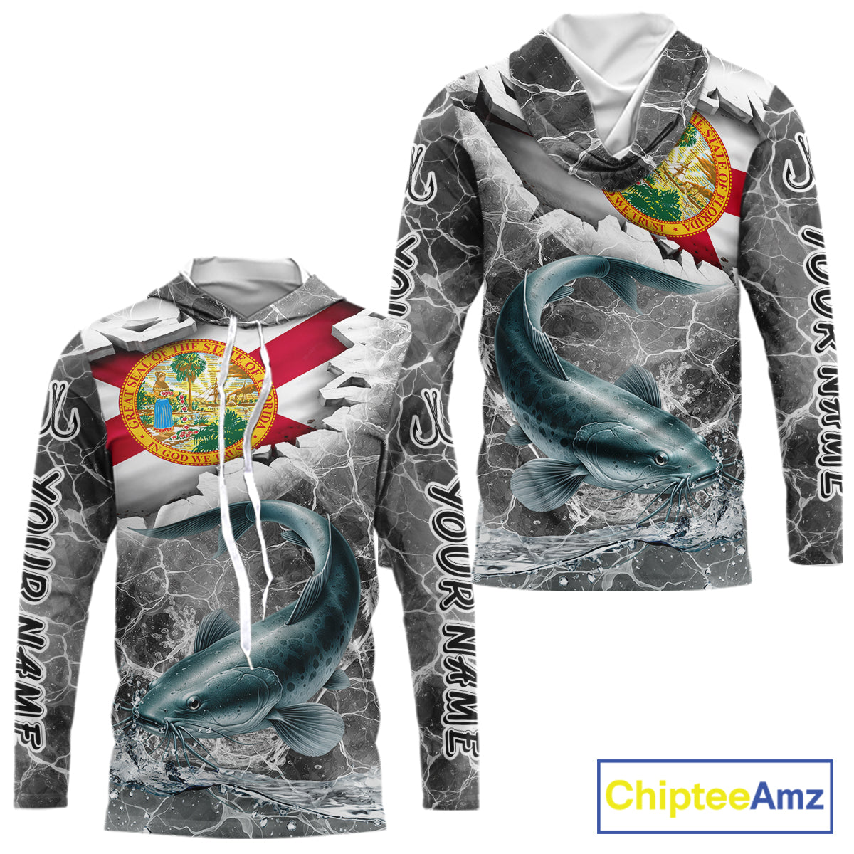 Florida Catfish Camo Gray Custom Long Sleeve Hooded Performance Fishing Shirts, Florida Flag Fishing Jerseys NHT659