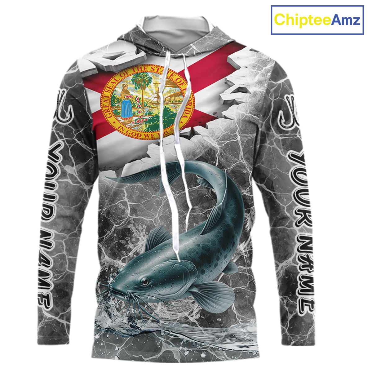 Florida Catfish Camo Gray Custom Long Sleeve Hooded Performance Fishing Shirts, Florida Flag Fishing Jerseys NHT659