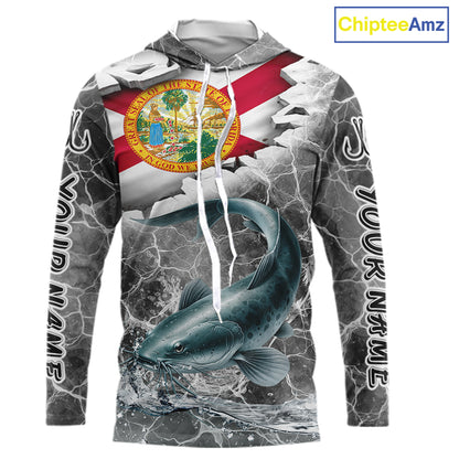 Florida Catfish Camo Gray Custom Long Sleeve Hooded Performance Fishing Shirts, Florida Flag Fishing Jerseys NHT659