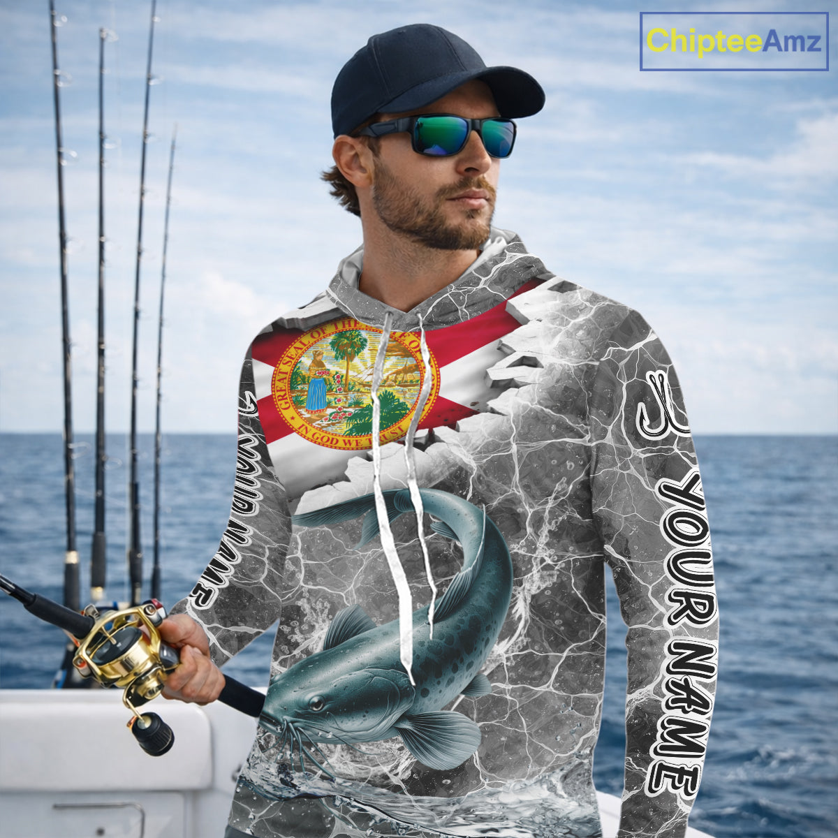 Florida Catfish Camo Gray Custom Long Sleeve Hooded Performance Fishing Shirts, Florida Flag Fishing Jerseys NHT659